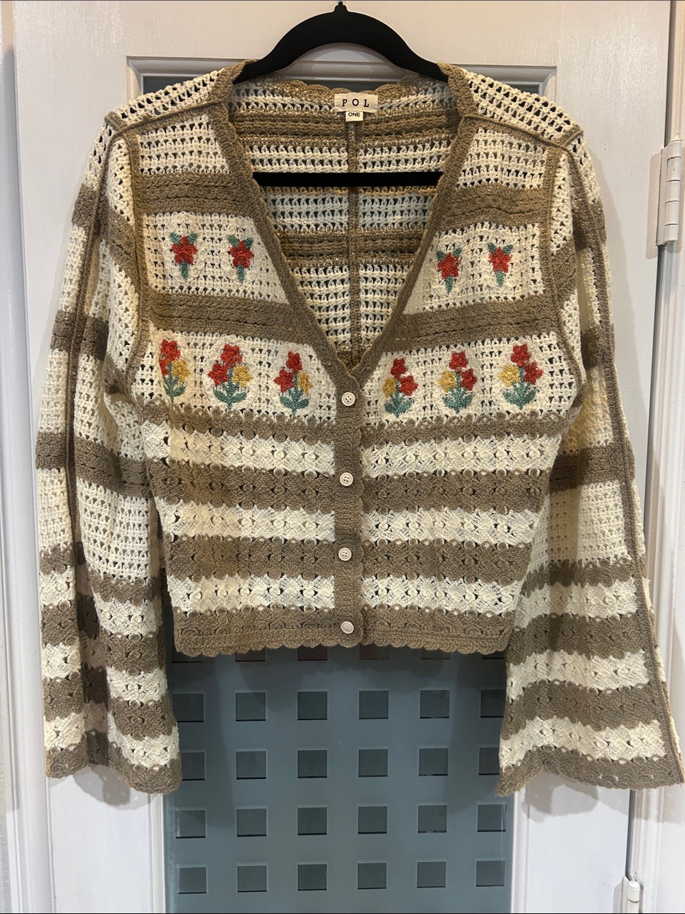 POL Crocheted Floral Stripe Cardigan - Cream & Brown